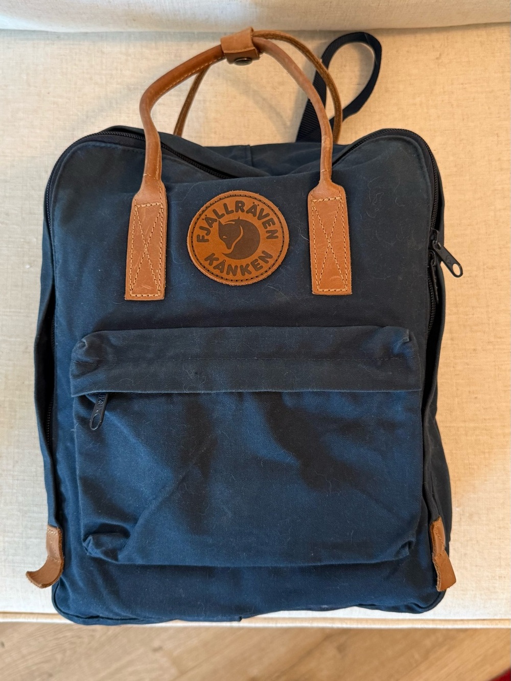 Fjallraven Kånken Dark Blue Backpack with Brown Accents